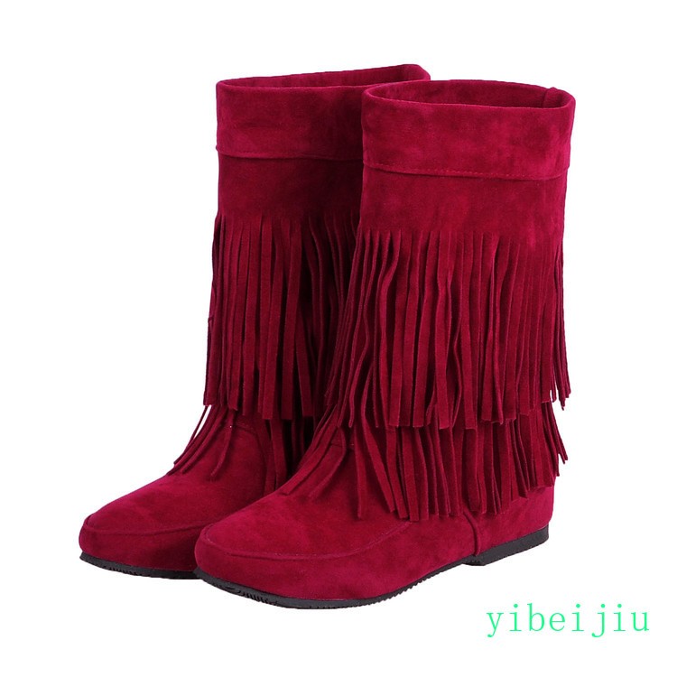 Women's Mid Calf Tassel Fringe Boots Bohemia Hidden Wedge Heel Winter Fall Shoes