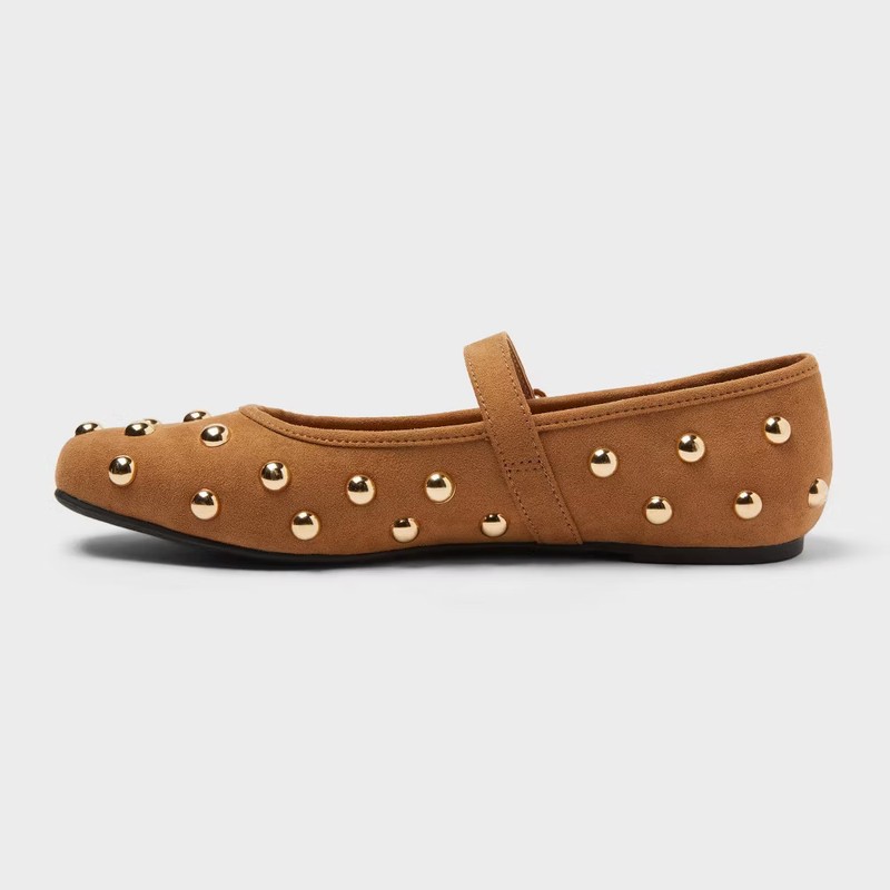 Women's Penny Gold Studded Mary Jane Flats With Memory Foam Insole