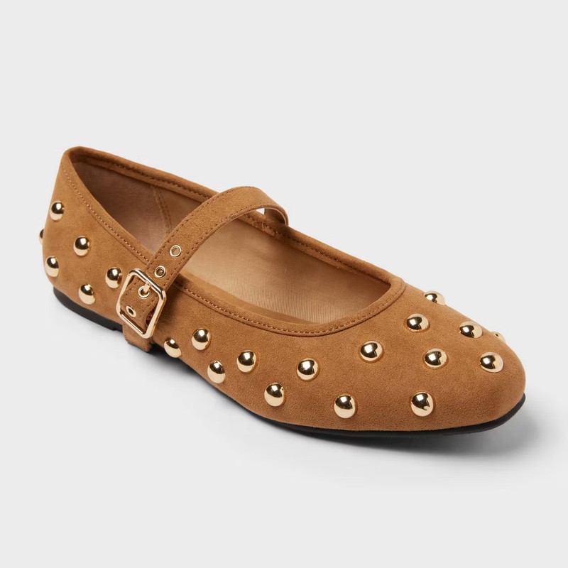 Women's Penny Gold Studded Mary Jane Flats with Memory Foam Insole