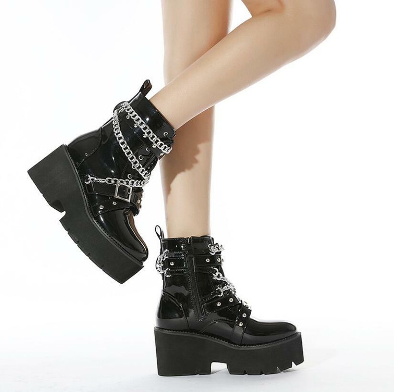 Women's Platform Ankle Boots Chain Buckle Block Heels Round Toe Punk Shoes Club