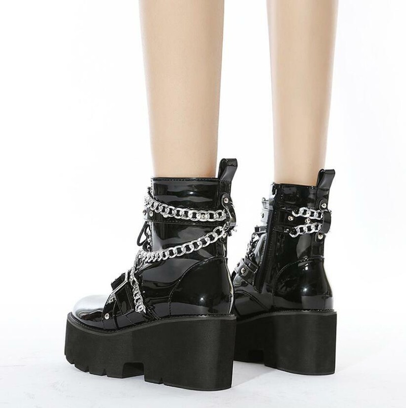 Women's Platform Ankle Boots Chain Buckle Block Heels Round Toe Punk Shoes Club
