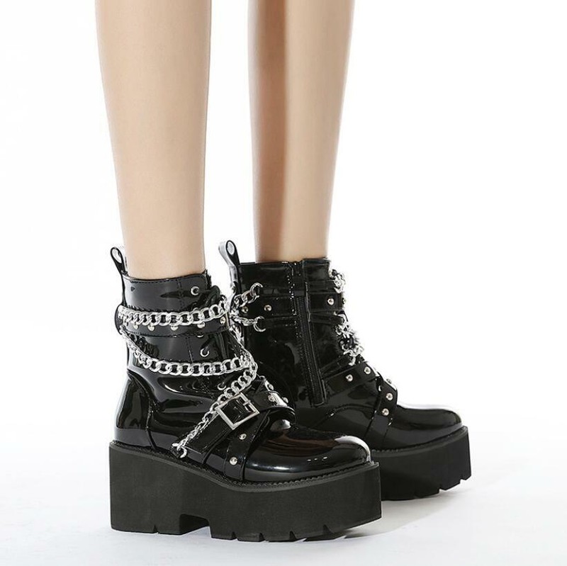 Women's Platform Ankle Boots Chain Buckle Block Heels Round Toe Punk Shoes Club