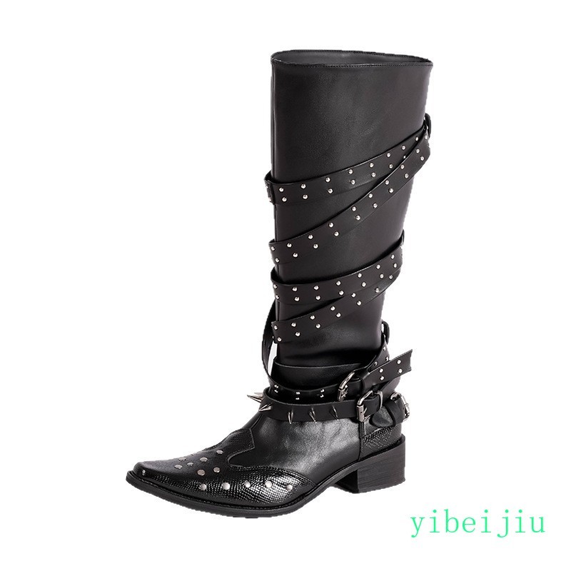 Women's Pointed Toe Spikes Rivets Studded Western Cowboy Rock Knee High Boots OL