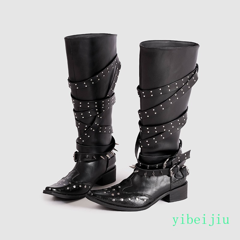 Women's Pointed Toe Spikes Rivets Studded Western Cowboy Rock Knee High Boots OL