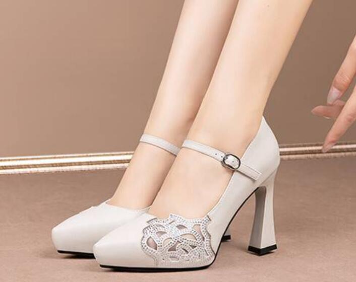 Women's Pumps Pointy Toe Leather Buckle Strap Block Heels Rhinestones Party Shoe