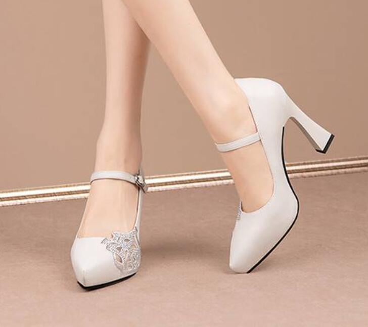 Women's Pumps Pointy Toe Leather Buckle Strap Block Heels Rhinestones Party Shoe