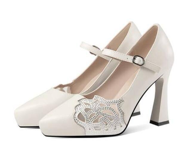 Women's Pumps Pointy Toe Leather Buckle Strap Block Heels Rhinestones Party Shoe