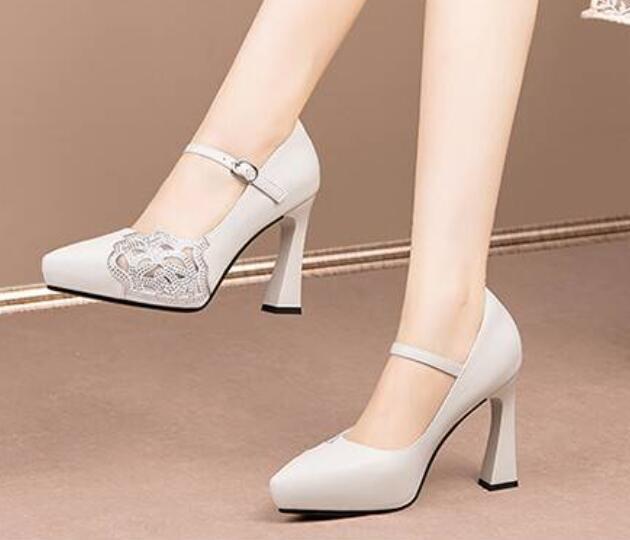 Women's Pumps Pointy Toe Leather Buckle Strap Block Heels Rhinestones Party Shoe