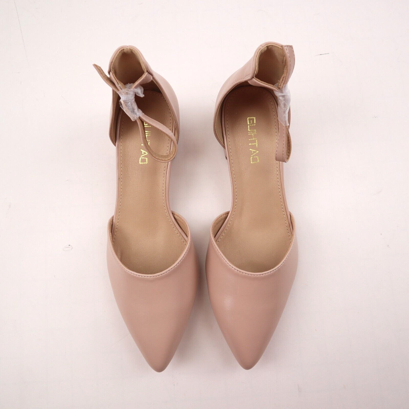 Women's Pumps Shoes Low Chunky Heels Ankle Strap Closed Toe Nude PU Beige 5.5