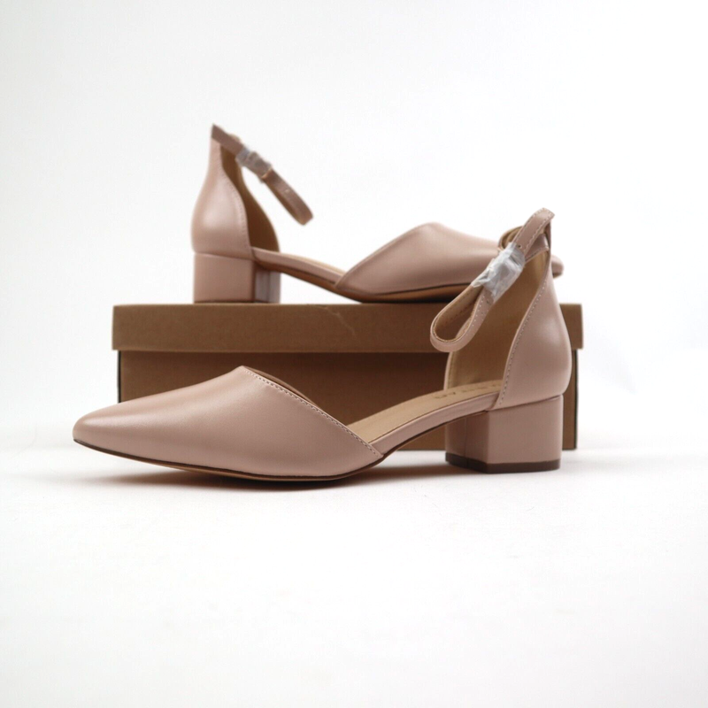 Women's Pumps Shoes Low Chunky Heels Ankle Strap Closed Toe Nude PU Beige 5.5