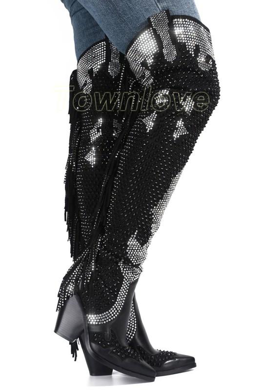 Women's Rhinestone Tassels Thigh High Boots Cuban Heels Pointy Toe Cowboy Shoes