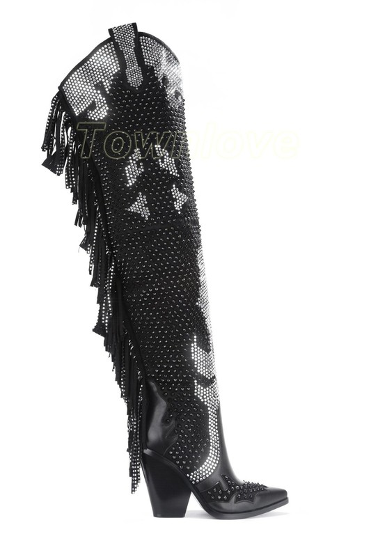 Women's Rhinestone Tassels Thigh High Boots Cuban Heels Pointy Toe Cowboy Shoes