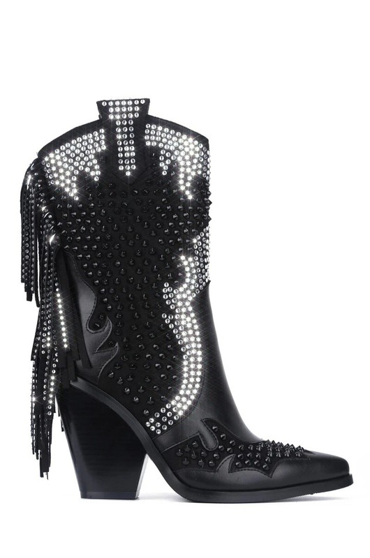 Women's Rhinestone Tassels Thigh High Boots Cuban Heels Pointy Toe Cowboy Shoes