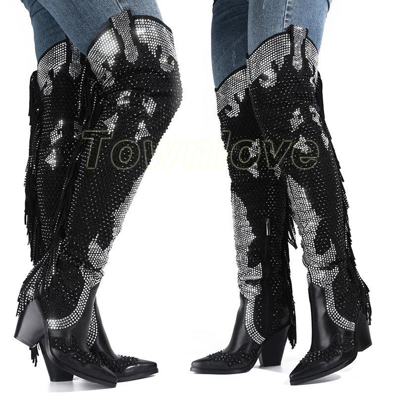 Women's Rhinestone Tassels Thigh High Boots Cuban Heels Pointy Toe Cowboy Shoes