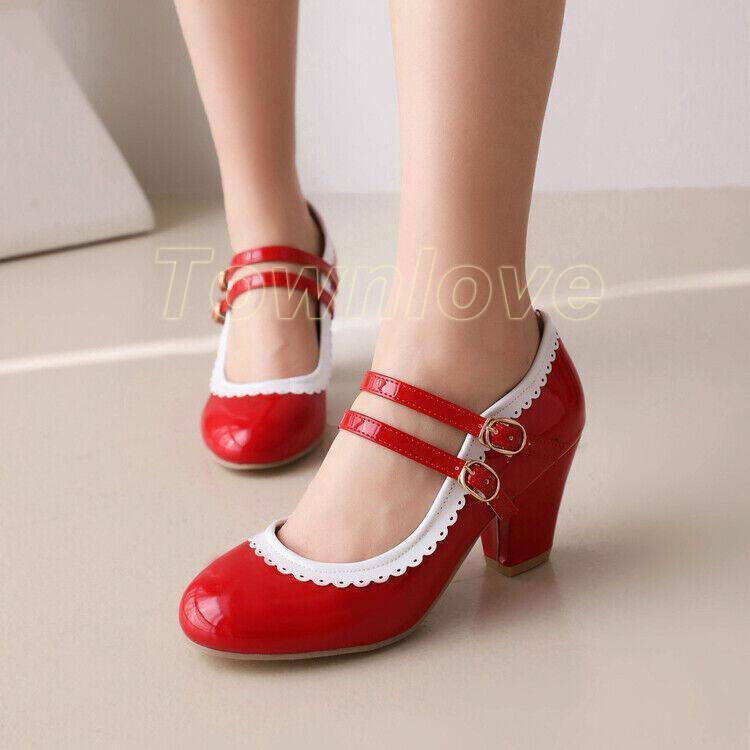 Women's Shoes Buckle Block Heels High Heels Lolita Straps Pumps Plus Sz