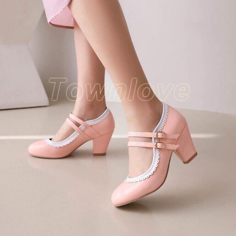 Women's Shoes Buckle Block Heels High Heels Lolita Straps Pumps Plus Sz