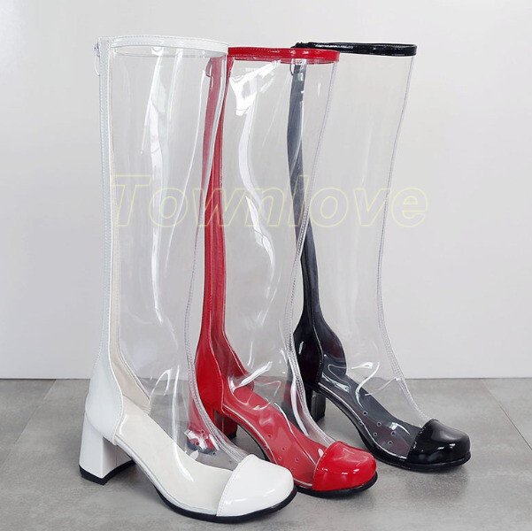 Women's Transparent Rain Knee High Boots Round Toe Block Heel Shoes Vintage