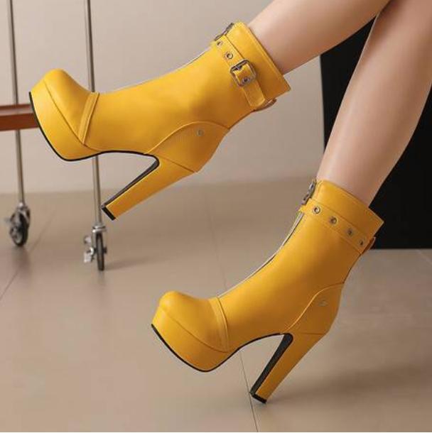 Women's Zipper Platform Chunky High Heel Shoes Round Toe Mid-calf Boots Oversize