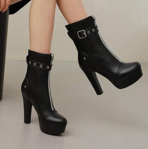 Women's Zipper Platform Chunky High Heel Shoes Round Toe Mid-calf Boots Oversize