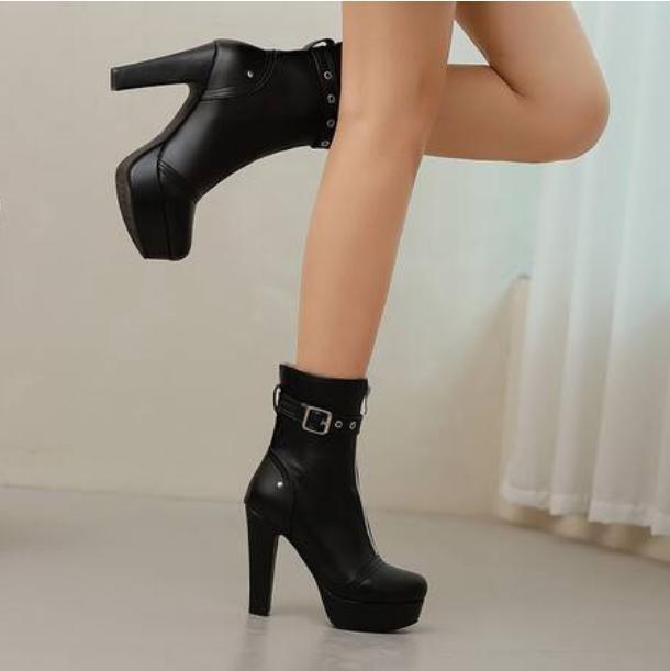 Women's Zipper Platform Chunky High Heel Shoes Round Toe Mid-calf Boots Oversize