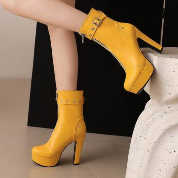 Women's Zipper Platform Chunky High Heel Shoes Round Toe Mid-calf boots Oversize