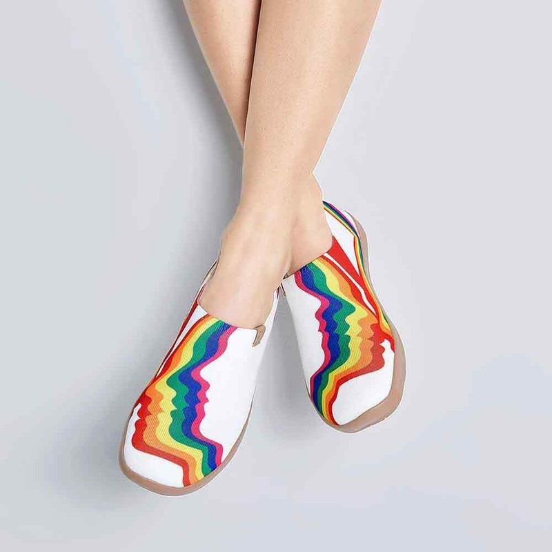 Women Size UIN Slip On Shoes Canvas Comfortable Loafers "Rainbow Love-White"