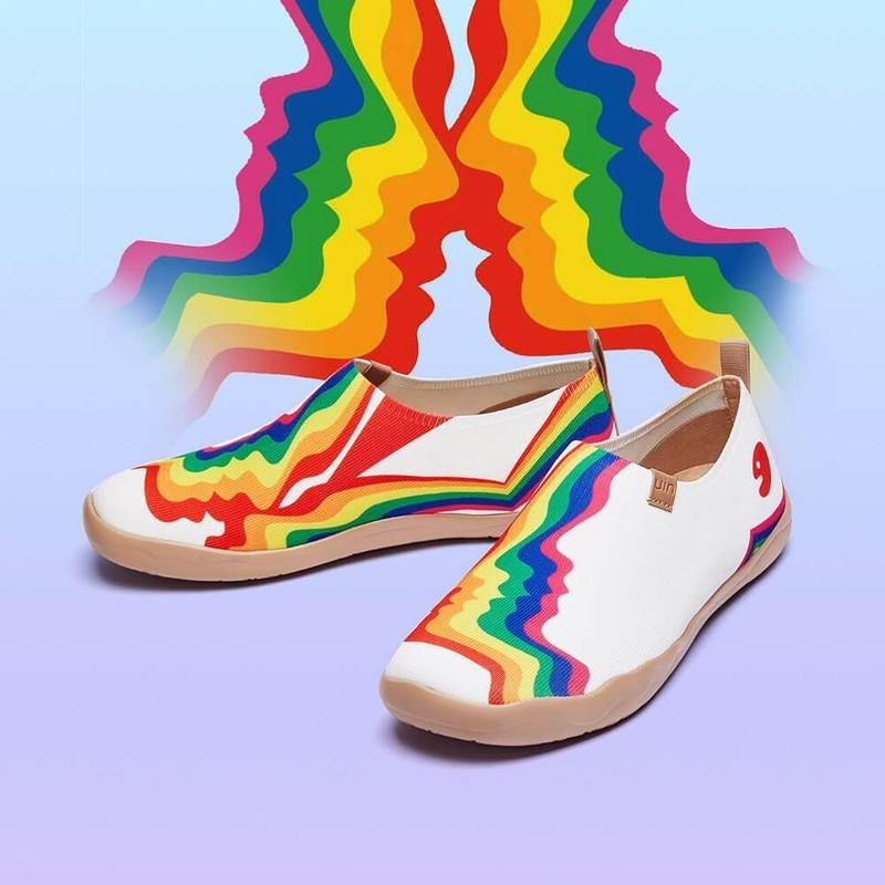 Women Size UIN Slip On Shoes Canvas Comfortable Loafers "Rainbow Love-White"