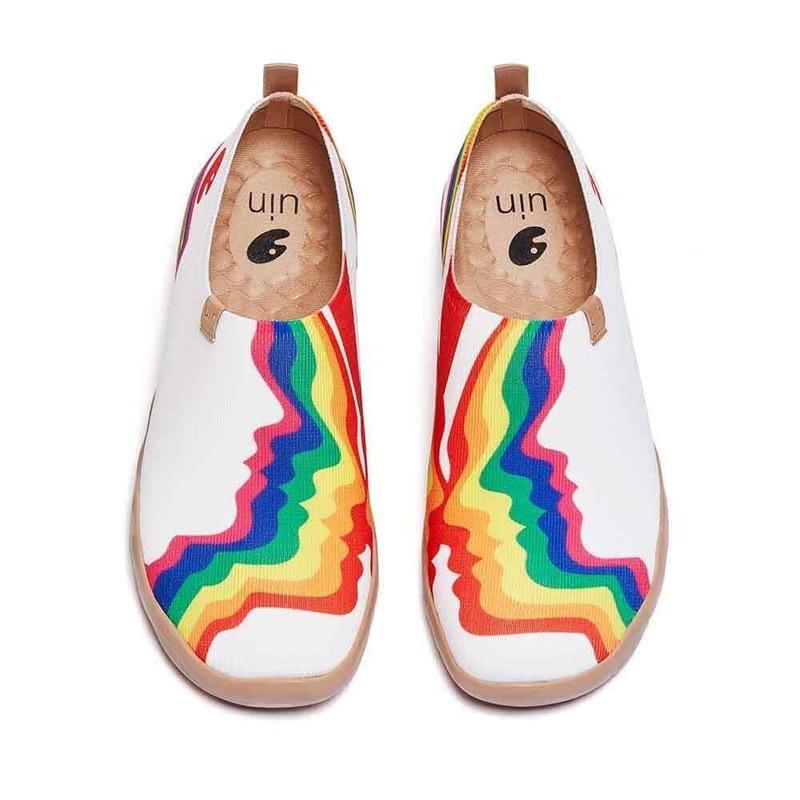Women Size UIN Slip On Shoes Canvas Comfortable Loafers "Rainbow Love-White"