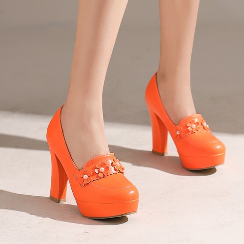 Women Summer High Heels Shoes Pumps Platform Party Floral Decor Block Round Toe