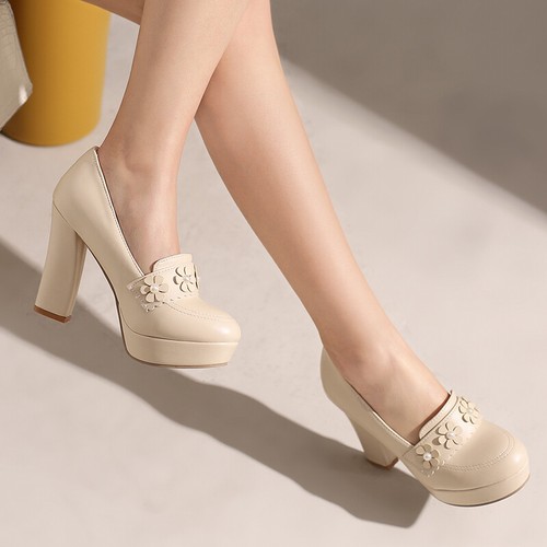 Women Summer High Heels Shoes Pumps Platform Party Floral Decor Block Round Toe