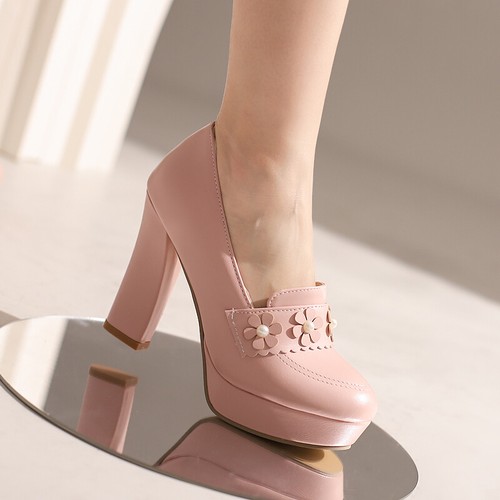 Women Summer High Heels Shoes Pumps Platform Party Floral Decor Block Round Toe