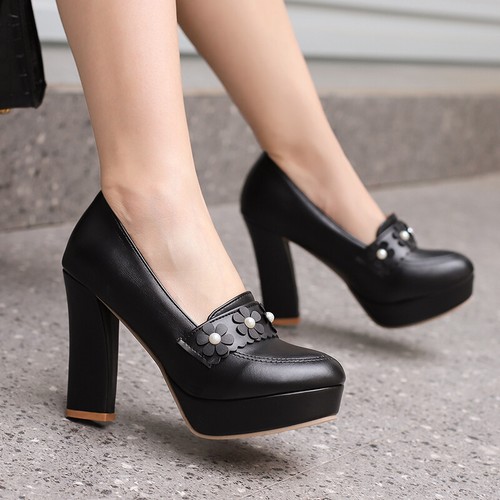 Women Summer High Heels Shoes Pumps Platform Party Floral Decor Block Round Toe