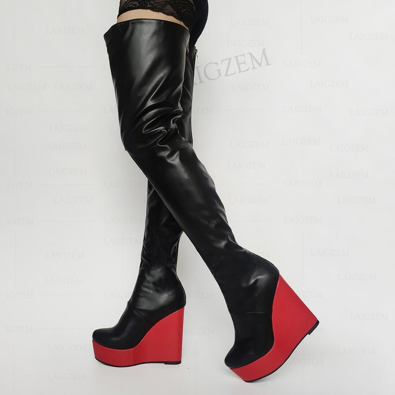 Women Thigh High Boots Platform Wedges Back Zip Up Over Knee Boots Shoes Woman