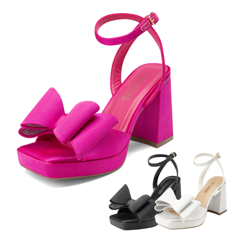 Women Wedding Bowknots Heel Sandals Platform High Chunky Heel Square Toe Sandals