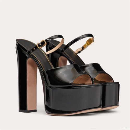 Womens Buckle Sandals Party Slipper Peep Toe Pull On High Platform Block Heels
