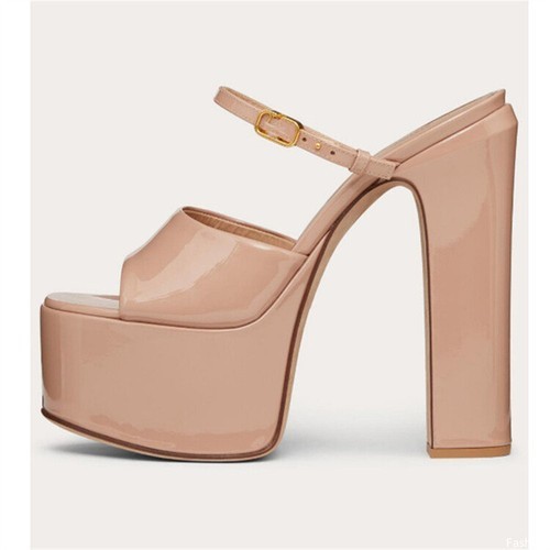 Womens Buckle Sandals Party Slipper Peep Toe Pull On High Platform Block Heels