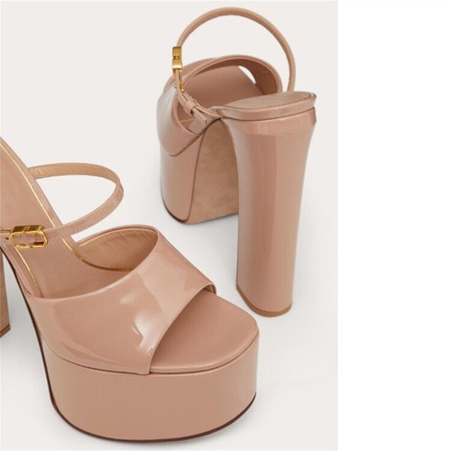 Womens Buckle Sandals Party Slipper Peep Toe Pull On High Platform Block Heels