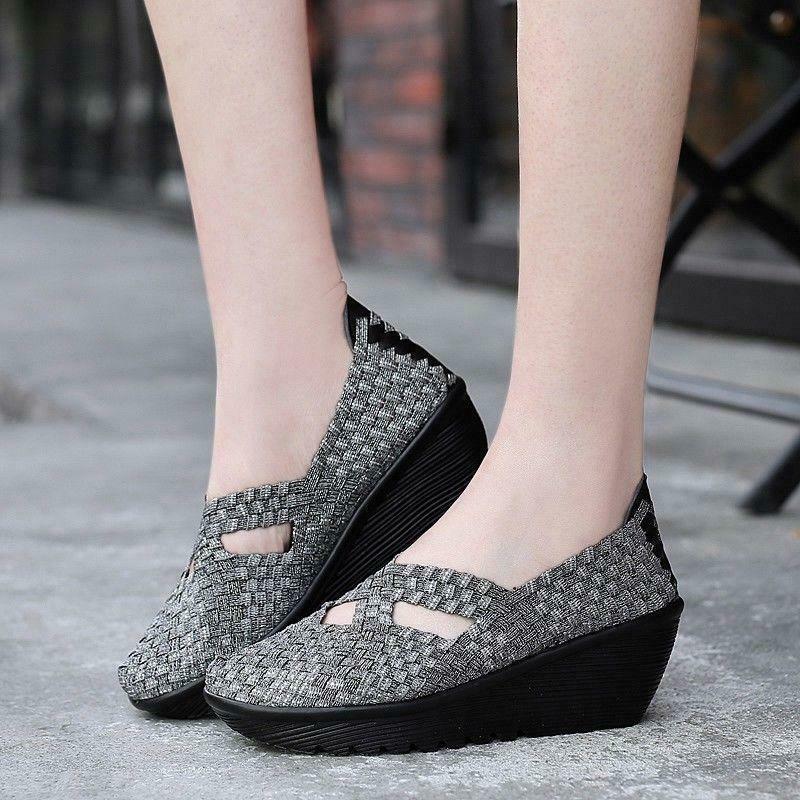 Womens Casual Mary Jane Weave Closed Toe Fashion Wedge Heel Comfort Chic Shoes