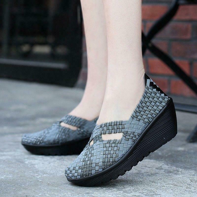 Womens Casual Mary Jane Weave Closed Toe Fashion Wedge Heel Comfort Chic Shoes