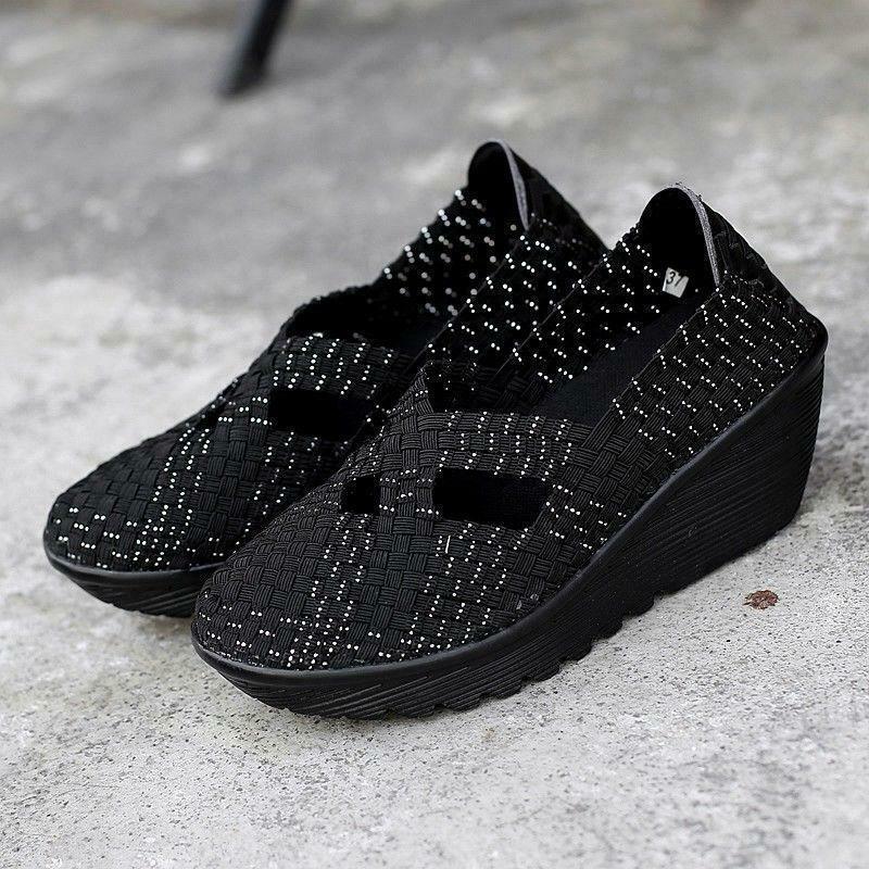 Womens Casual Mary Jane Weave Closed Toe Fashion Wedge Heel Comfort Chic Shoes