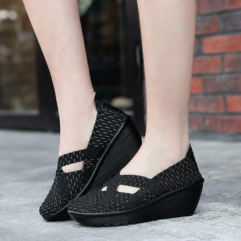 Womens Casual Mary Jane Weave Closed Toe Fashion Wedge Heel Comfort Chic Shoes