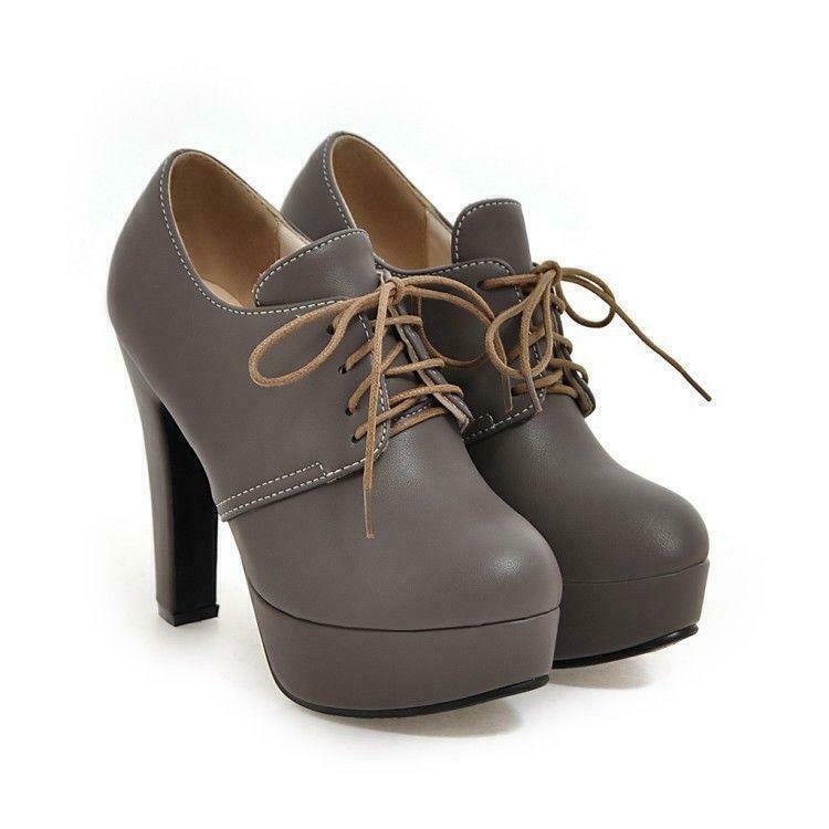 Womens Casual Platform Round Toe High Heel Lace Up Work Shoes Pumps Booties