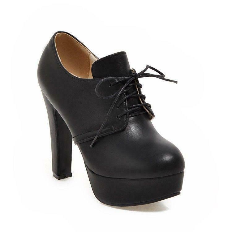 Womens Casual Platform Round Toe High Heel Lace Up Work Shoes Pumps Booties