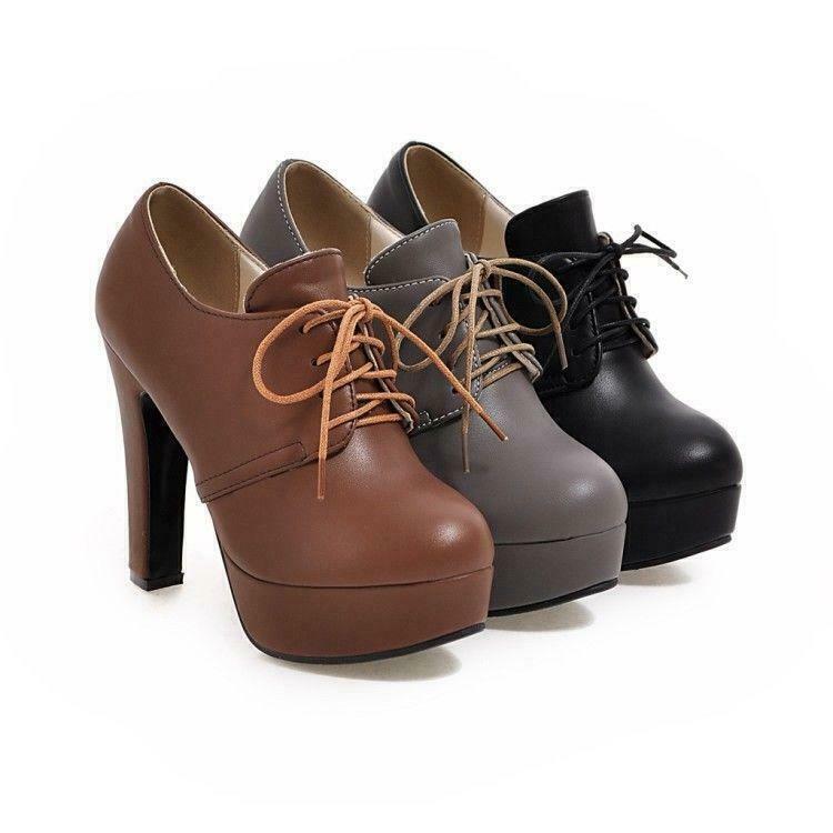 Womens Casual Platform Round Toe High Heel Lace Up Work Shoes Pumps Booties