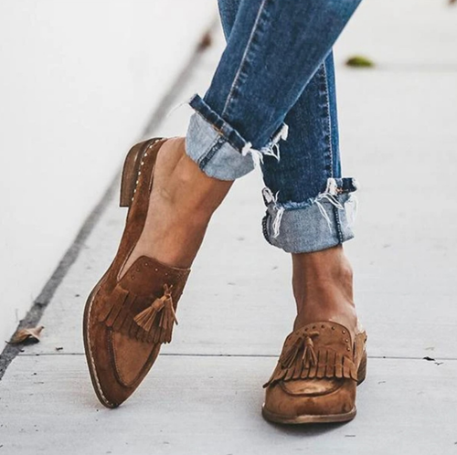 Womens Casual Slip-On Tassel Flats Loafer Oxfords Shoes Suede Pointed Toe Mules