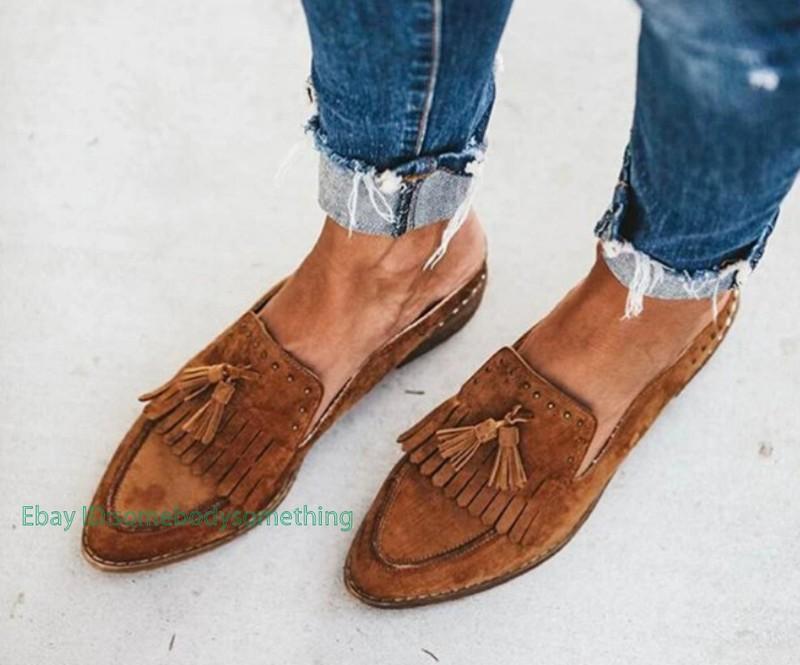 Womens Casual Slip-On Tassel Flats Loafer Oxfords Shoes Suede Pointed Toe Mules