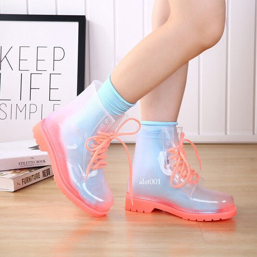 Womens Crystal Clear Flat Water Spring Girls PVC Transparent Shoes Rain Boots