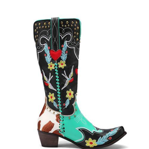 Womens Faux Leather Embroider Decor Pull On Thick Heels Fashion Knee High Boots