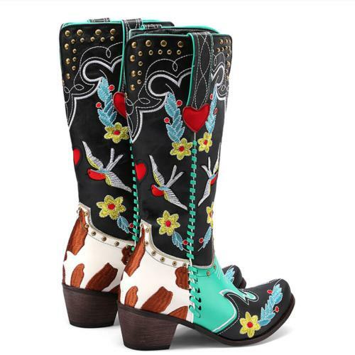 Womens Faux Leather Embroider Decor Pull On Thick Heels Fashion Knee High Boots