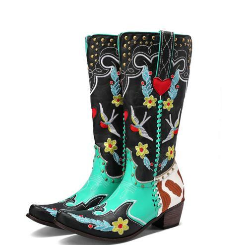 Womens Faux Leather Embroider Decor Pull On Thick Heels Fashion Knee High Boots